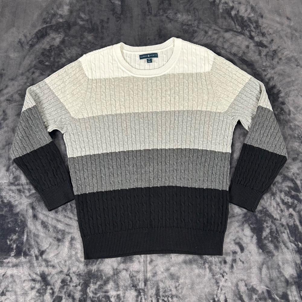 Karen Scott Sweater Womens XL Grey Colorblock Cable Knit Cotton Long Sleeve